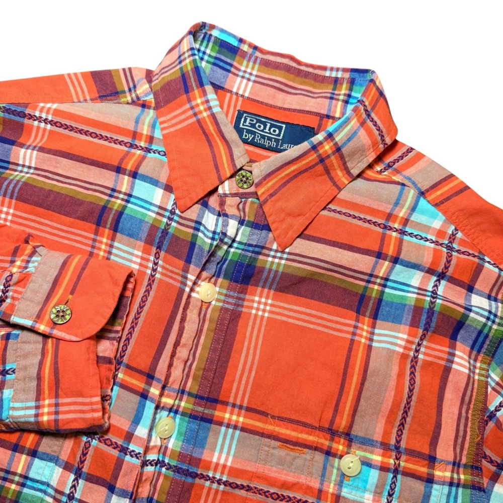Polo Ralph Lauren Mens Medium Orange Plaid Button Down Shirt Long Sleeve Cotton